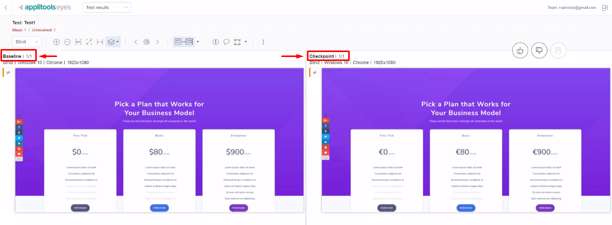 applitools comparison baseline and checkpoint