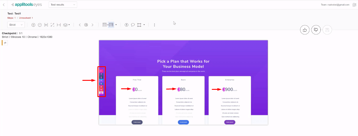 applitools test highlights in purple all the differences