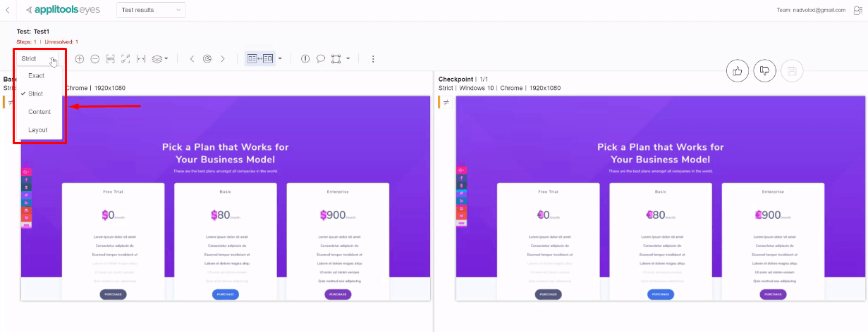 there are difference match levels in applitools test