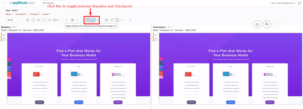 toggle between baseline and checkpoint in applitools