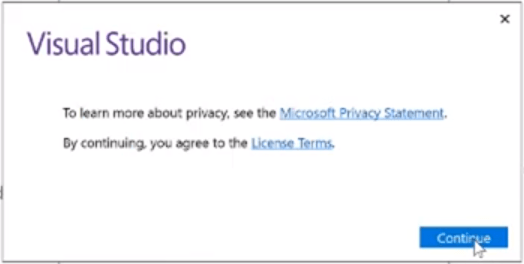 install visual studio continue button