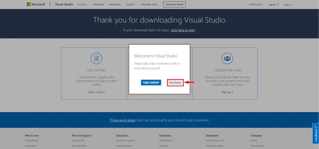 screenshot showing how to download Visual Studio community edition