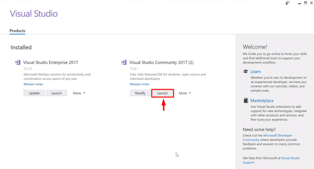 launching visual studio community edition