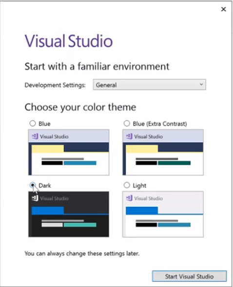 selecting visual studio dark theme