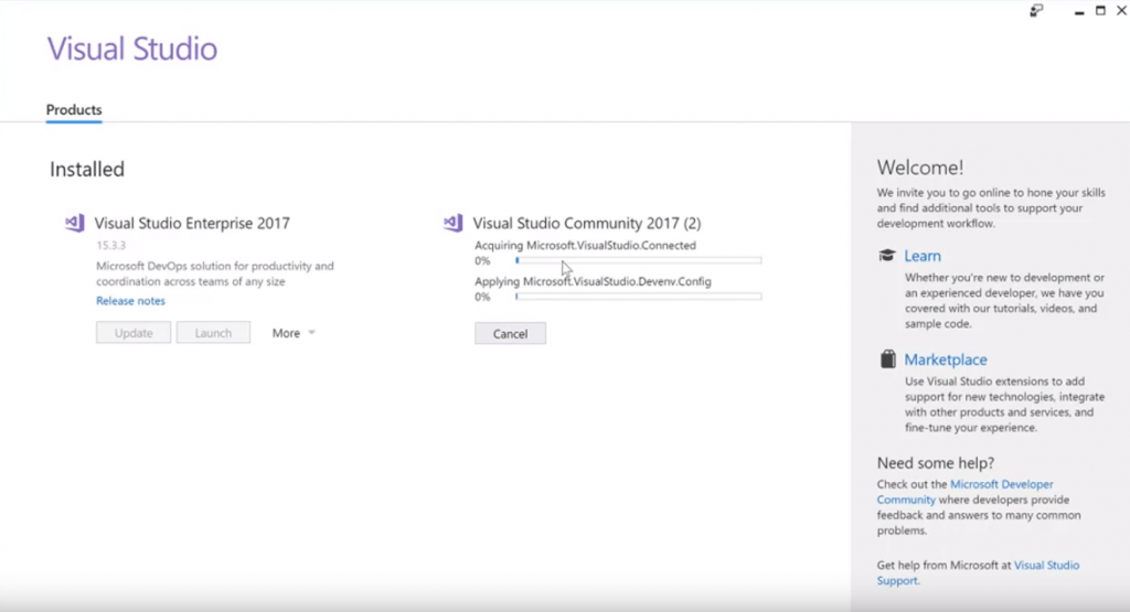 visual studio installation in progress