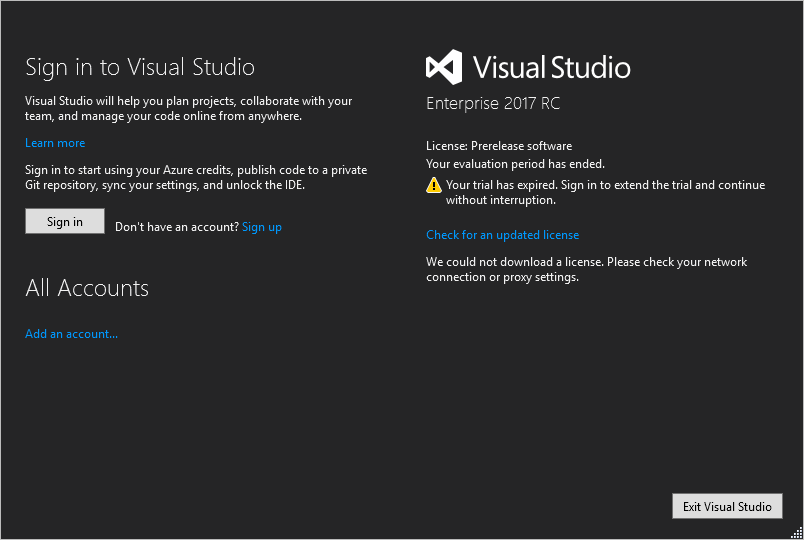 visual studio sign in sign up