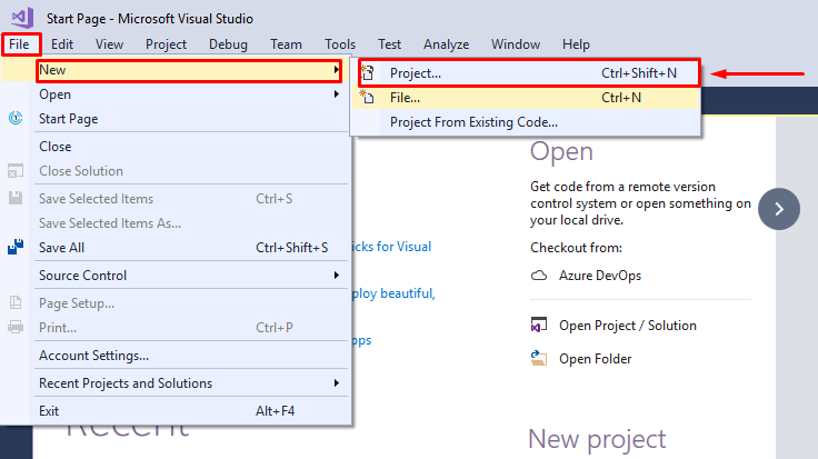 create new project from file menu in Visual Studio