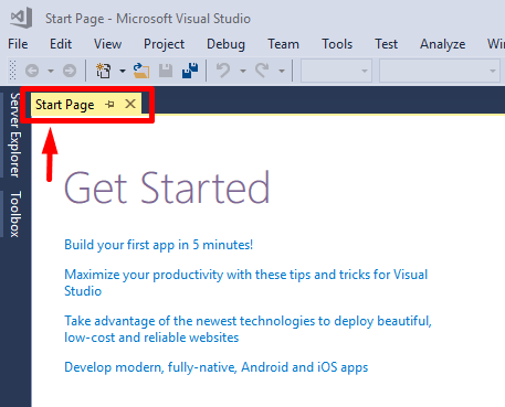 get started with visual studio start page