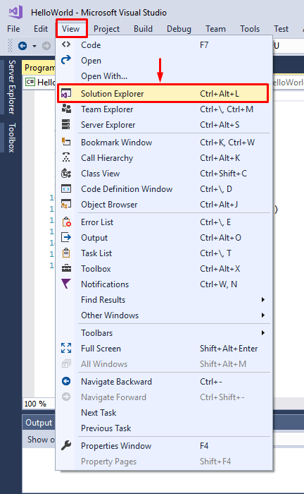 access solution explorer in visual studio from view menu
